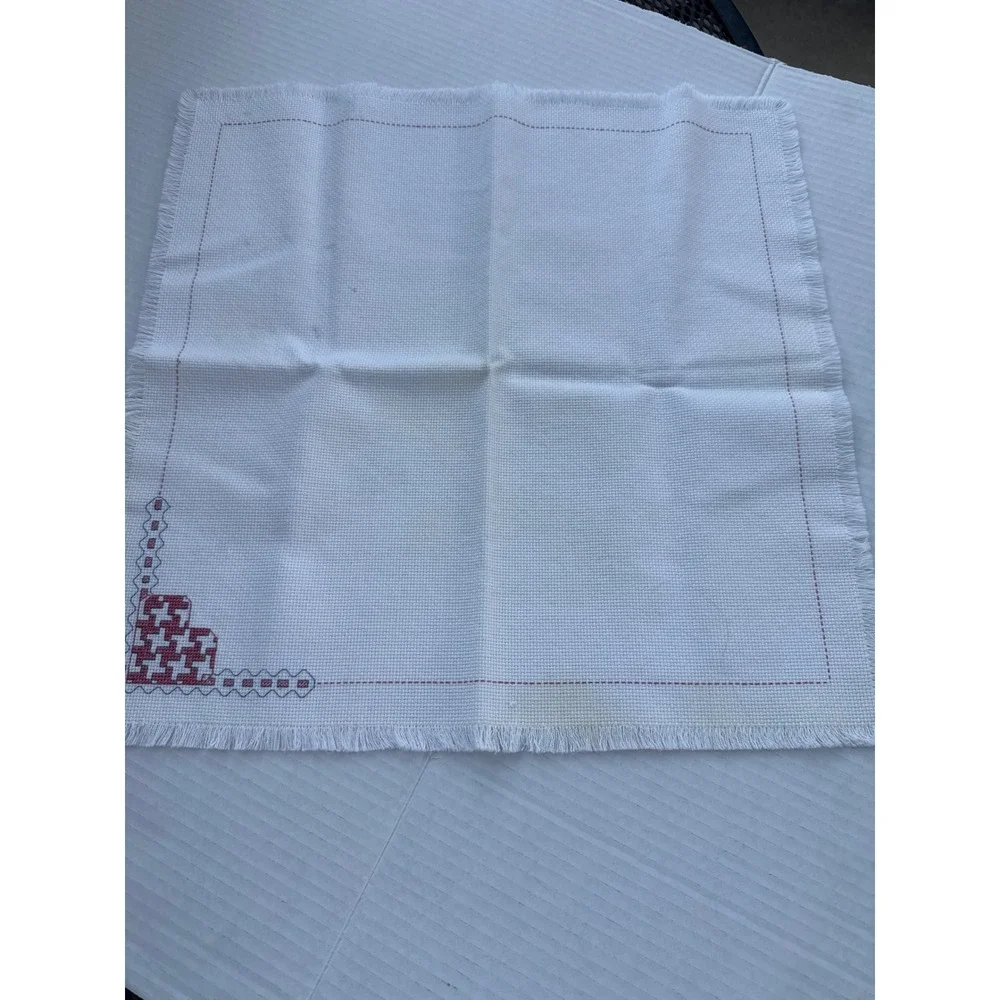 Vintage Hand Embroidered Bread Covers Set of 2 White Cross Stitch Floral Heart